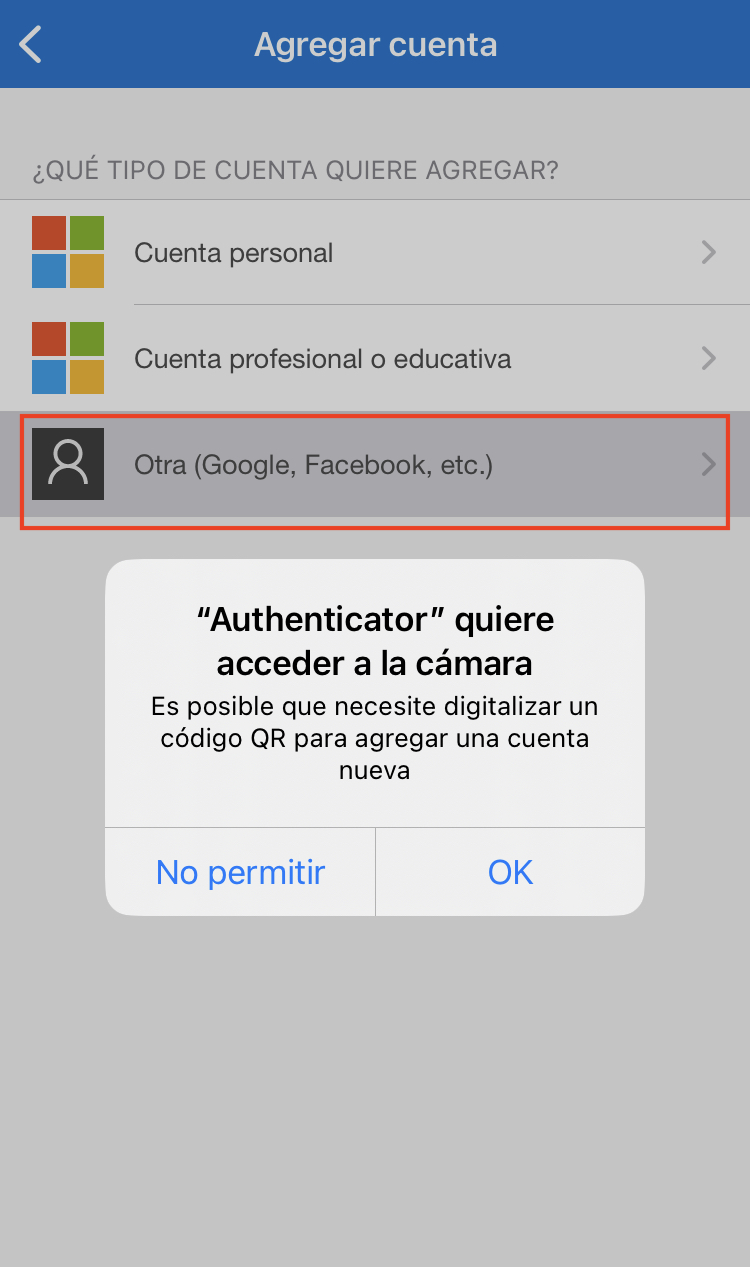 Microsoft Authenticator paso 2